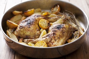 roast chicken legs,cooked with rosemary, lemon and potatoes